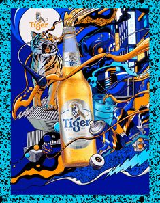 a tiger is sitting on top of a beer bottle with the word tiger in it