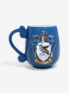 a blue harry potter mug with a raven on it