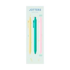 two different colored pens sitting next to each other on top of a white background with the words jotters written in it