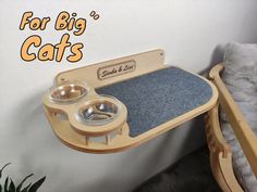 a cat bed with two bowls on it and the words for big cats above it