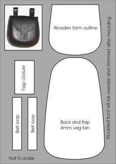 the back and top view of a leather bag with measurements for each item in it