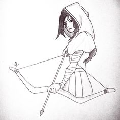 a drawing of a girl in a costume holding a bow and arrow with one hand