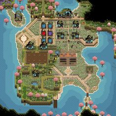 a pixel map with lots of trees and flowers on it, including the island in the middle