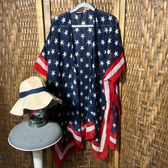 Brand New Steve Madden Ruana, Hat And Pouch Ruana Is American Flag Themed Hat Has Matching Blue Ribbon Both Are One Size Fits Most Kimono Beach Cover Up, Tie Dye Swimsuit, Short Sleeve Kimono, Beach Kimono, Swim Cover Up Dress, Bathing Suit Cover Up, Swim Shirts, Print Kimonos, Women's Cover Up