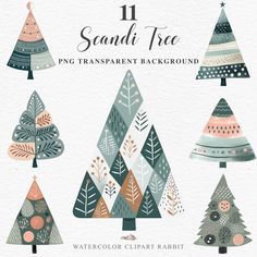 christmas trees in different colors and shapes with the words sandi tree on top of them