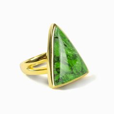 Bright green with dark green veins triangle Maw Sit Sit Jade Ring set in Gold Made in Earth