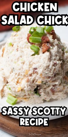 chicken salad is served on a white plate