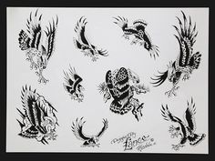 an old school tattoo flash sheet with birds and feathers on it's back side