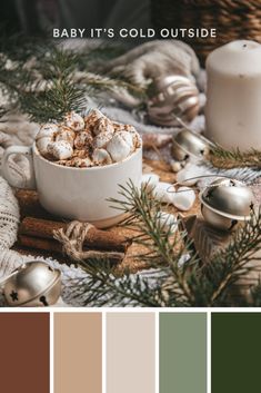 Color palette hex codes 313d1f, 828e73, dbccc1, c4a387, 70412e Christmas Color Schemes, Cozy Colors Palette, Xmas Color, Motivation Design, Christmas Palette, Christmas Colour Schemes, Mind Design, Packaging Business