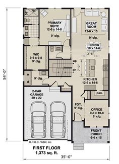 the first floor plan for a two story house with an attached garage and living area