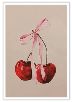 two cherries with pink ribbon tied to them on a beige background, one is red and the other is white