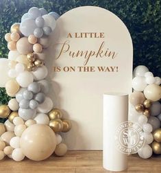 a little pumpkin is on the way sign and balloon arch with gold, silver, and white balloons