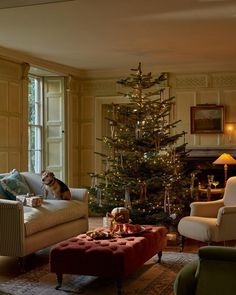 a living room filled with furniture and a small christmas tree in the middle of it