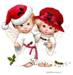 two little angels wearing christmas hats and holding holly wreaths