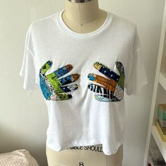 White T-Shirt With Hands Patchwork. Size Medium. One Of One. Hand Patchwork, Silver Sequin Top, Brown Tee, Army Green Shorts, Graphic Band Tees, One Of One, Polka Dot Shirt, Yellow Shirts, Cropped T Shirt