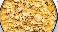 a casserole dish filled with pasta and chicken in a creamy sauce, garnished with parsley