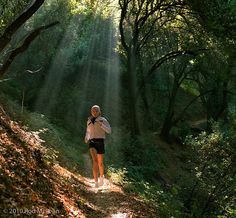 a woman is walking down a path in the woods with sunlight streaming through the trees