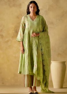 Green Leaf Block Printed Cotton Anarkali Palazzo Set Varun Chhabra - Fabilicious Fashion Bell Sleeves Kurti Indian, Bell Sleeves Kurti, Cotton Anarkali Kurta, Kurta And Dupatta, Green Anarkali, Cotton Anarkali, Anarkali Dress Pattern, A Line Kurta, Anarkali Kurta