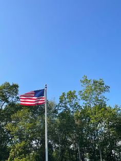 an american flag is flying in the sky above some trees and bushes on a sunny day