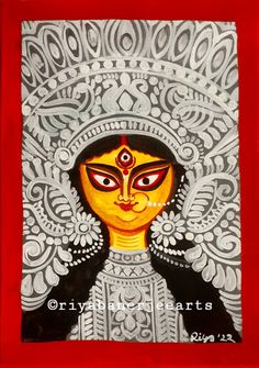 Durga face Durga Face Art, Durga Pujo Paintings, Durga Pujo Drawings, Durga Puja Mandala Art, Durga Maa Paintings Face, Durga Maa Paintings Bengali, Ma Durga Sketch, Durga Goddess Drawing, Navaratri Drawings