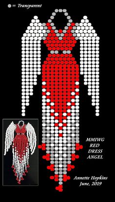 an image of a red and white beaded angel on a black background with the words mmmwg next to it