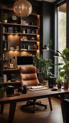 a home office with lots of plants and bookshelves on the shelves, along with a leather chair