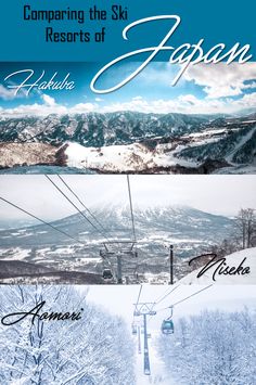 an advertisement for the ski resort in japan with snow covered mountains and skiers below