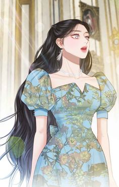 an anime character with long black hair wearing a blue dress