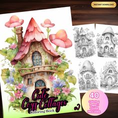 the front and back cover of an adult coloring book, with illustrations of fairy houses