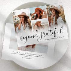 a white plate topped with photos of women in hats and text that says beyond grateful