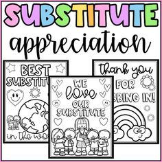 three coloring pages with the words substitue appreciation