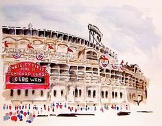 a watercolor painting of the wrigley field stadium in chicago cubs baseball team