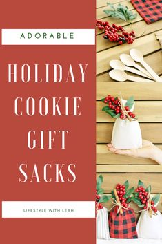 holiday cookie gift sacks with holly leaves and berries