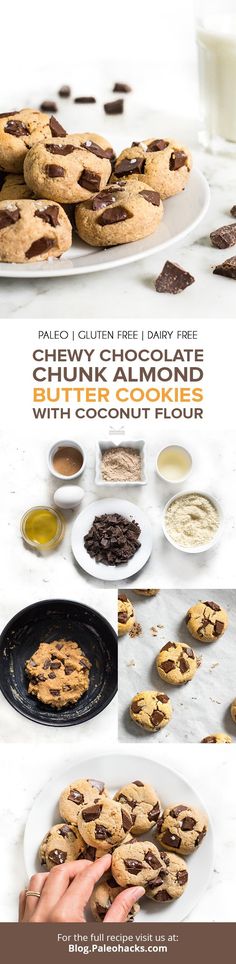 chocolate chip cookies with coconut flour and milk on the side are shown in this advertisement