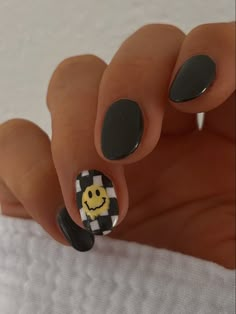 Black Smiley Nails, Black And Yellow Smiley Face Nails, Vans Nail Designs, Black Nails With Checkered Accent Nail, Smiley Face On Nails, Smiley Face And Checkered Nails, Checkered And Smiley Nails, Short Smiley Face Nails, Smiley Face Nail Design