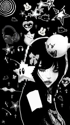 a girl with black hair is surrounded by stars and other things in the background,