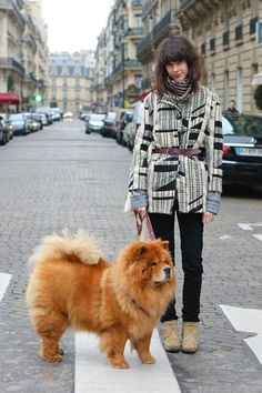 a woman is walking her dog down the street