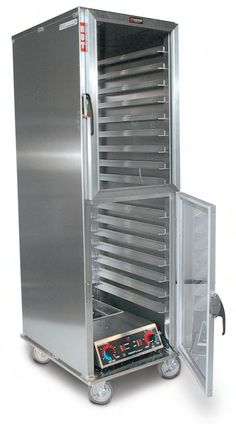 an industrial food warmer with the door open