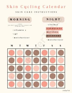A skin cycling calendar to keep on track with your daily skin care and personal self care for overall skin health. Can be dowloaded and printed for paper use, or digital use through a desktop, Goodnotes, or Notability. Included in Order: Instant digital download of page Maximum Recommended Size for Use: 8.5 in x 11 in Skincare Calendar, Skin Cycling, Chemical Exfoliation, Nutrition Drinks, Morning Skincare, Morning Skin Care Routine, Sensitive Skin Care, Skincare Tools, Calendar Printable