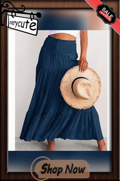 Navy Blue Bohemia Pleated High Waist Maxi Skirt Casual Non-stretch Maxi Skirt For Beach, Blue Non-stretch High Waist Skirt, Non-stretch Blue Skirt For Summer, Non-stretch High Waist Blue Skirt, Blue Non-stretch Bohemian Maxi Skirt, Non-stretch Blue Bohemian Maxi Skirt, Blue Tiered Beach Skirt, Blue Bohemian Maxi Skirt For Summer, Non-stretch Bohemian Blue Maxi Skirt