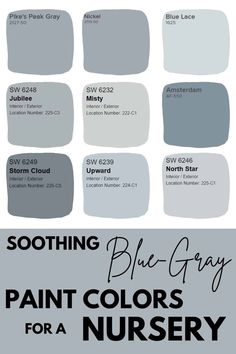 some gray paint colors for a nursery room with the words soothing blue - gray paint colors for