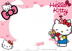 the hello kitty character is holding a bouquet of flowers in front of a pink background