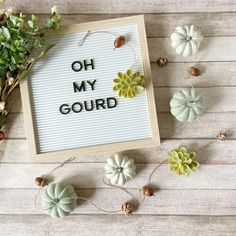 a sign that says oh my gourd next to flowers and acorns