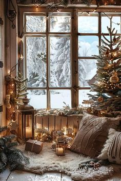 a christmas tree sitting in front of a window next to a pile of presents and lights