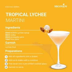 the cocktail menu for tropical lychee martini is shown in yellow and features an orange background