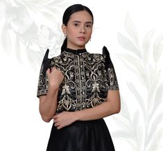 Classic Details, 100% Authentic Fabric, Handcrafted by Filipino Barong Weavers, Super High Quality  & Affordable  A black organza bolero Filipiniana is a beautiful and elegant accessory that can add a touch of sophistication and glamour to any Filipiniana outfit. Made from delicate and lightweight organza fabric, these boleros are perfect for formal events such as weddings, galas, and other special occasions. One of the most appealing aspects of a black organza bolero Filipiniana is its timeless Filipiniana Outfit, Bolero Filipiniana, Filipino Barong, Organza Bolero, Filipino Clothing, Barong Tagalog, Wedding Shawls, Wedding Shawl, Elegant Updo