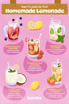 a pink poster with different types of lemonades and drinks on it's side