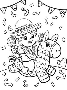 a coloring page with an image of a boy riding on a horse and confetti