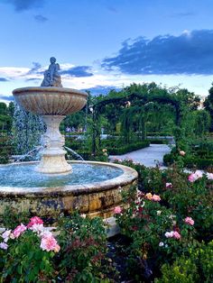 a water fountain surrounded by flowers and greenery