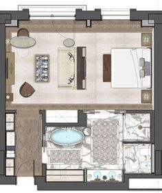 an overhead view of a bedroom and living room